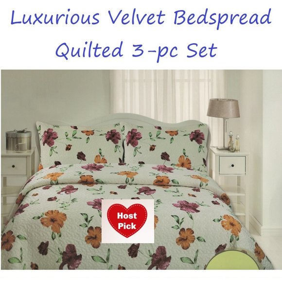 Floral Bedspread Set 3 Piece Quilt Set - Queen & King Size Luxury Velvet - Picture 1 of 3
